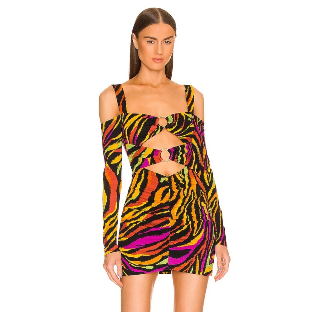 Revolve DUNDAS x REVOLVE Carmen Mini Dress - Neon Black Zebra - long sleeve - S